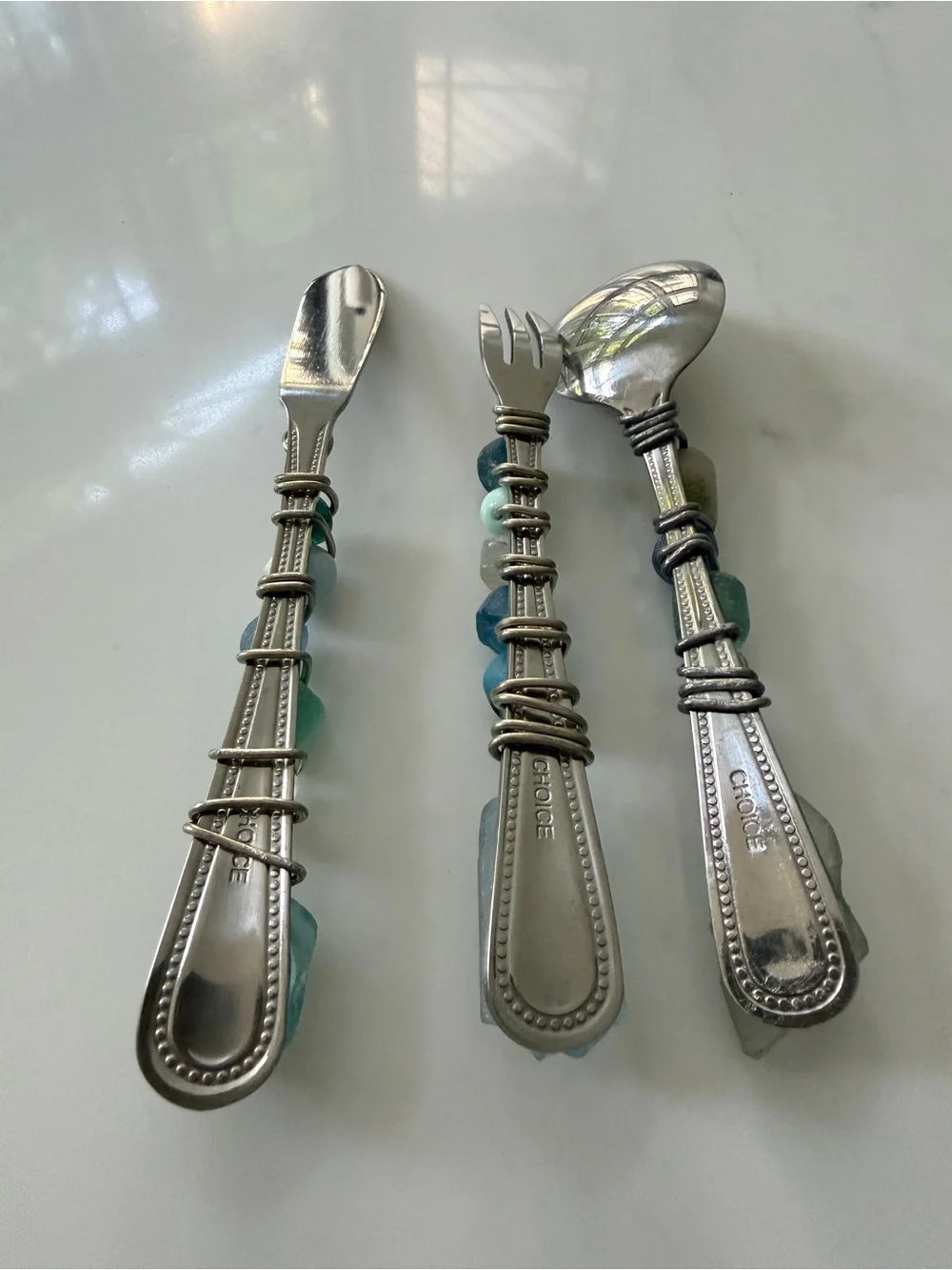 Choice Wire Wrapped stones Sea Glass 3pc Flatware Set Artisan Knife Fork Spoon⁠